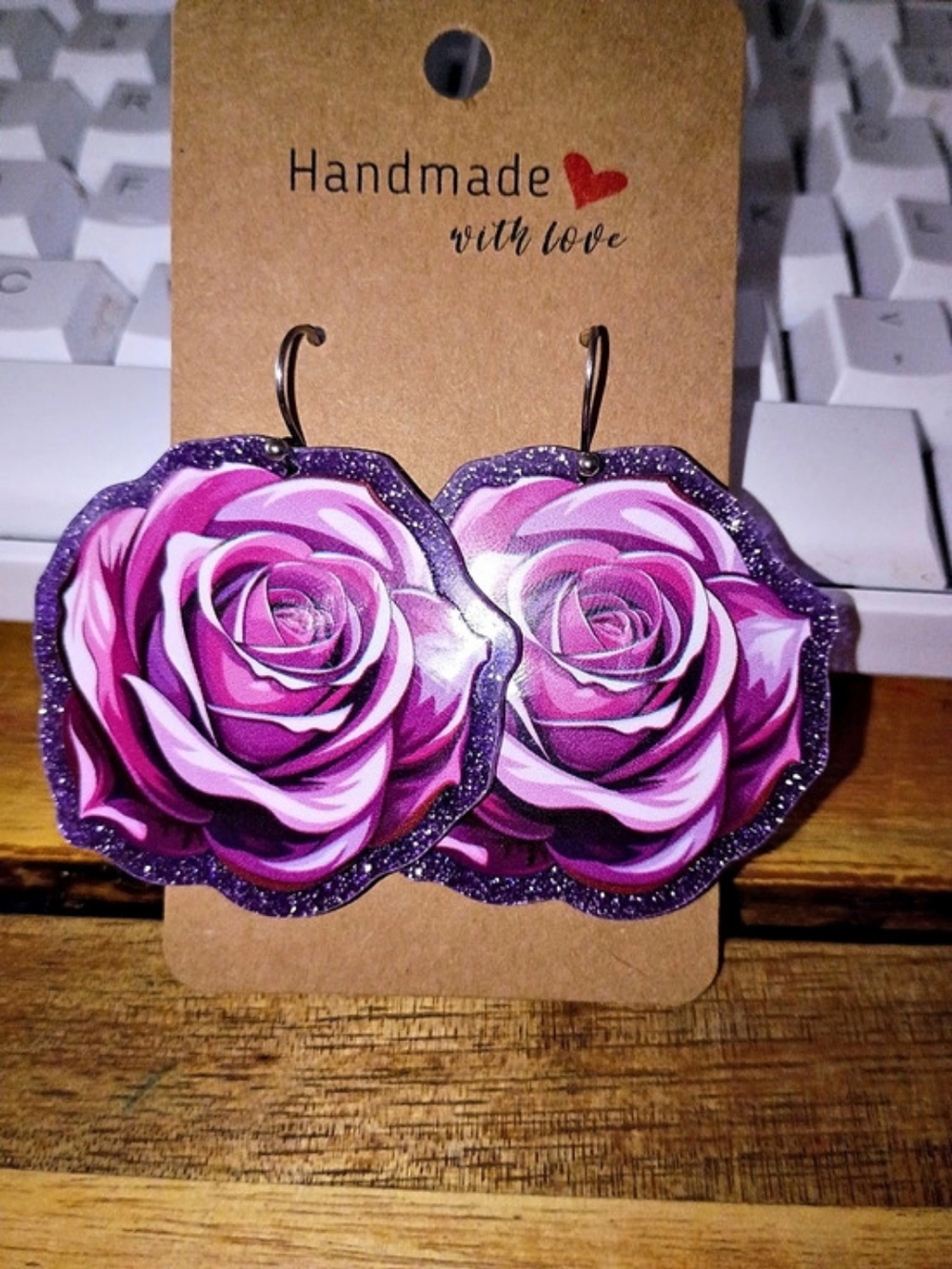 Handmade Pink And Purple Glitter Rose Floral Statement Fashion Earrings